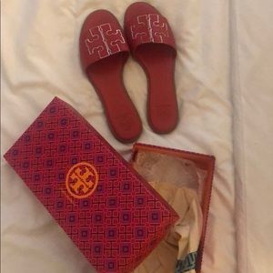 Tory Burch red slides with box